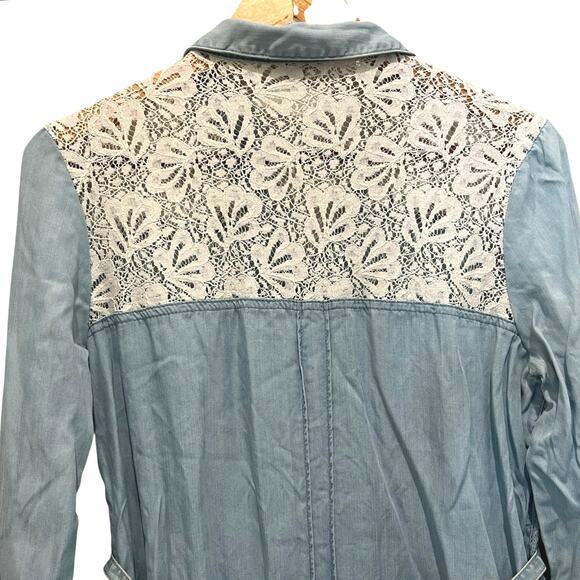 ANTHROPOLOGIE Mini Dress Blue Chambray Crochet Lace Sz SP Western Boho Festival - Picture 3 of 6